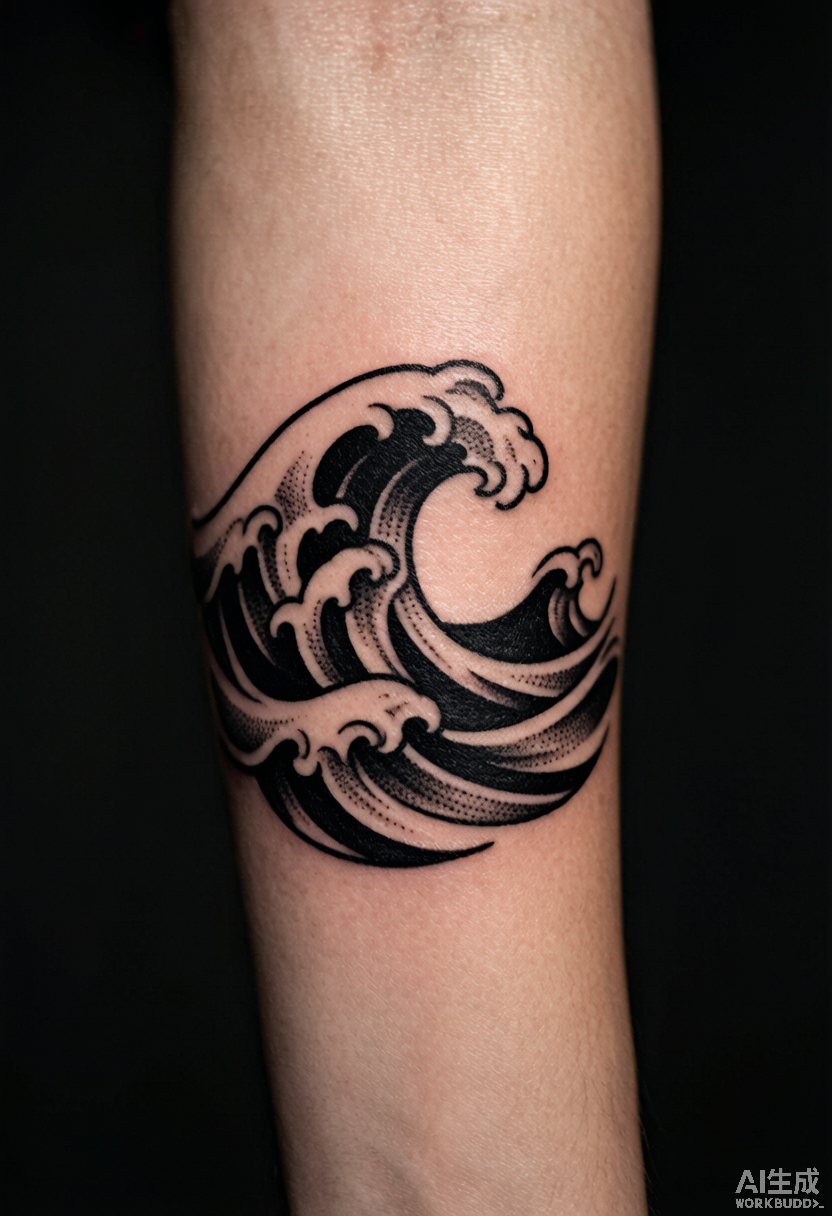 Blackwork neo-traditional wave tattoo on outer forearm