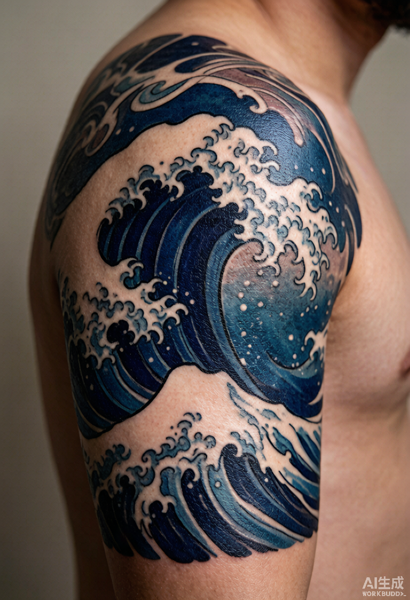 Japanese irezumi Great Wave tattoo on upper arm and shoulder