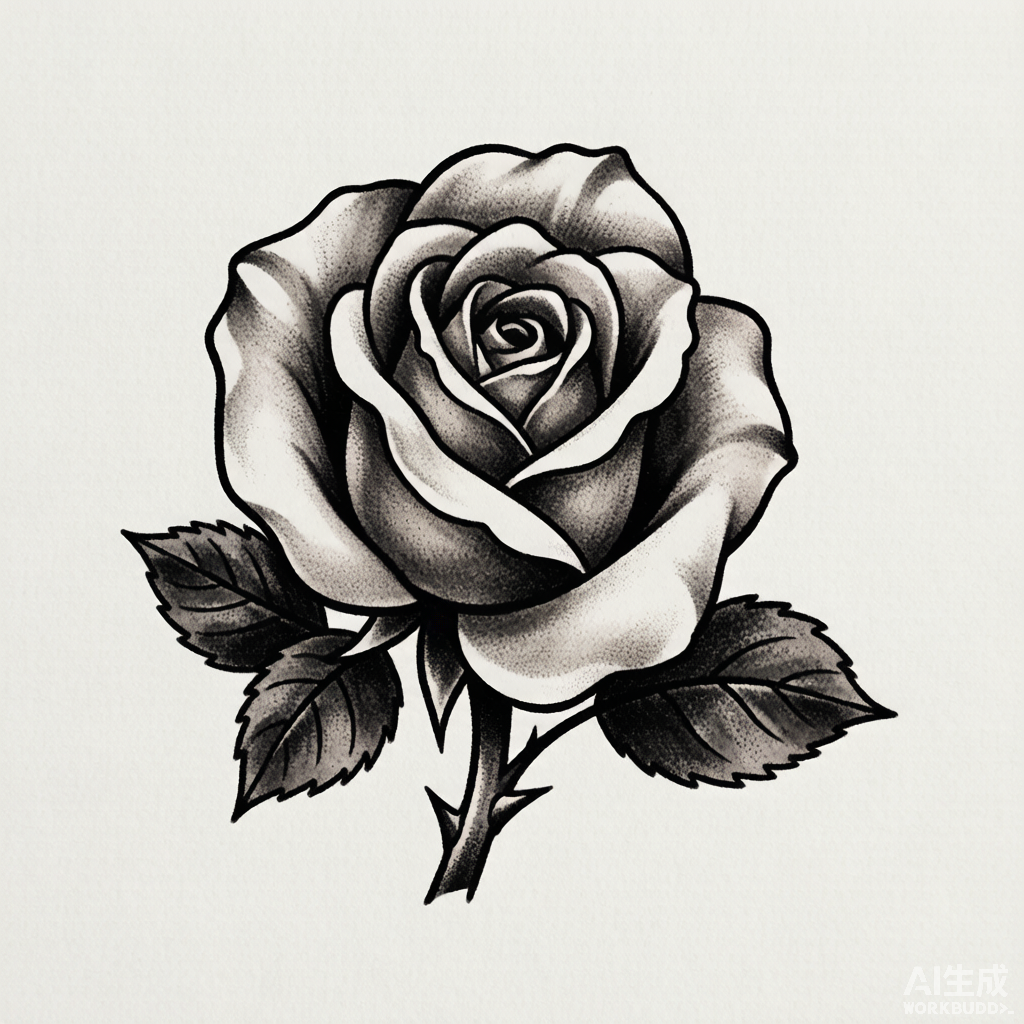 Black and grey realistic rose tattoo design — fully bloomed rose with thorny stem, traditional tattoo flash reference