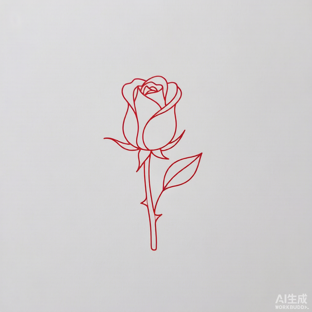 Fine-line red rosebud tattoo — minimalist single-needle line art with thorns and leaf, delicate tattoo design reference
