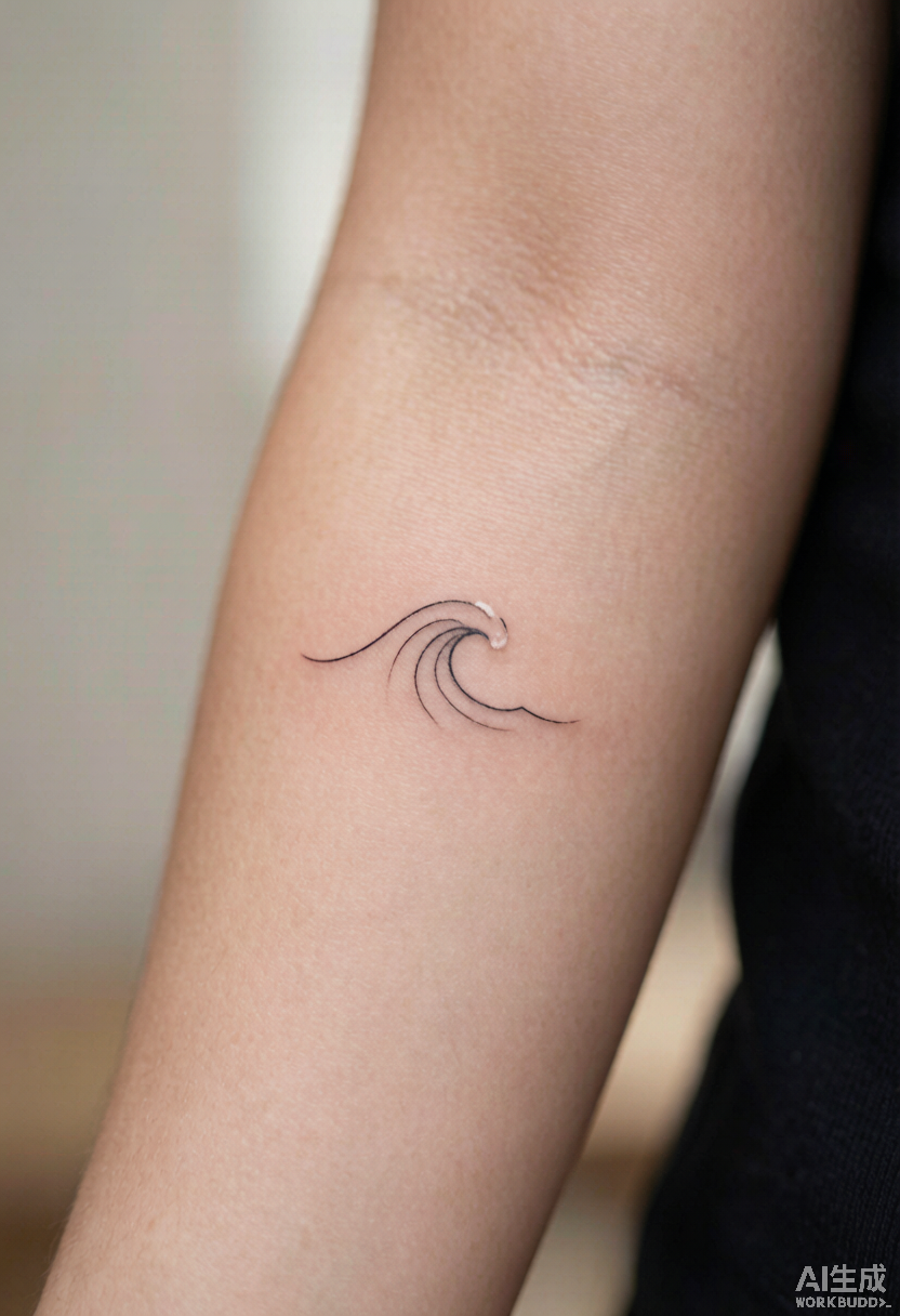 Fine-line minimalist wave tattoo on inner forearm